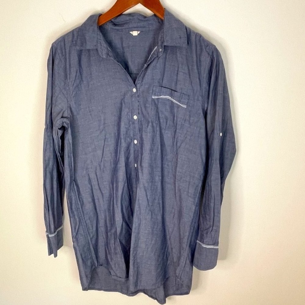 J.Crew Lightweight Chambray Long Sleeve Button-up Tunic Women's Sz M Roll Sleeve